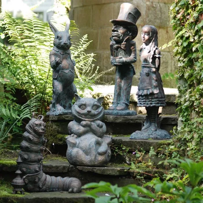 Figurine Alice au pays des merveilles en résine dégradée, lapin blanc, chapelier fou, statue de chat du Cheshire, décorations de jardin