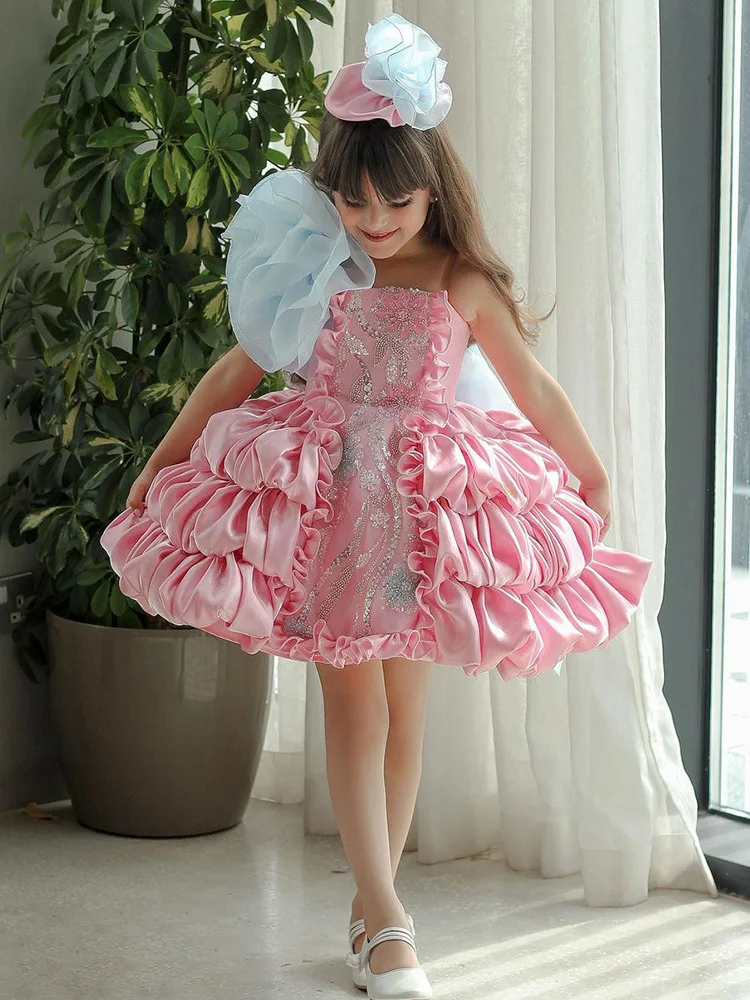 Girl's lolita princess dress summer bow children's pink fluffy cake baby Birthday Party Kids Dresses dance performance costume