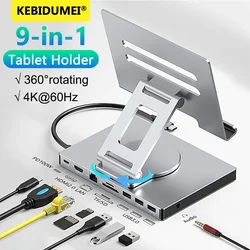 9-in-1 USB C HUB Tablet Holder Docking Station 4K60Hz HDMI USB3.0 5Gbps 1000Mbps Ethernet Data Transfer Stand for Tablet Phone