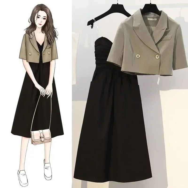 

Insozkdg Summer Dress 2 Pieces Set Women Short Sleeve Coat + Slip Dress Korean Casual Ladies Clothing Sets Blazer Outfits Suit