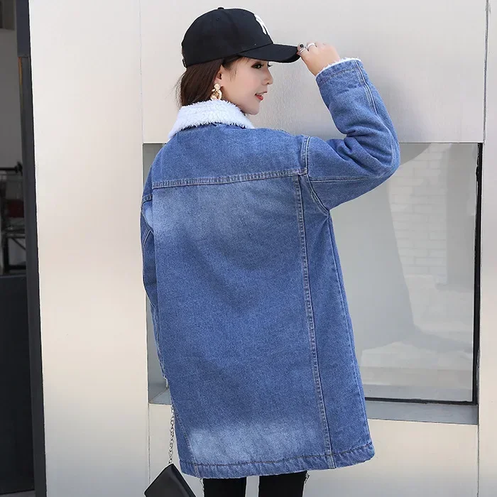 Women Denim Coat Mid Length Coats Lamb Wool Turn Down Collar Maxi Y2k Full Sleeve Casual Loose Jackets Thick Warm Autumn Winter