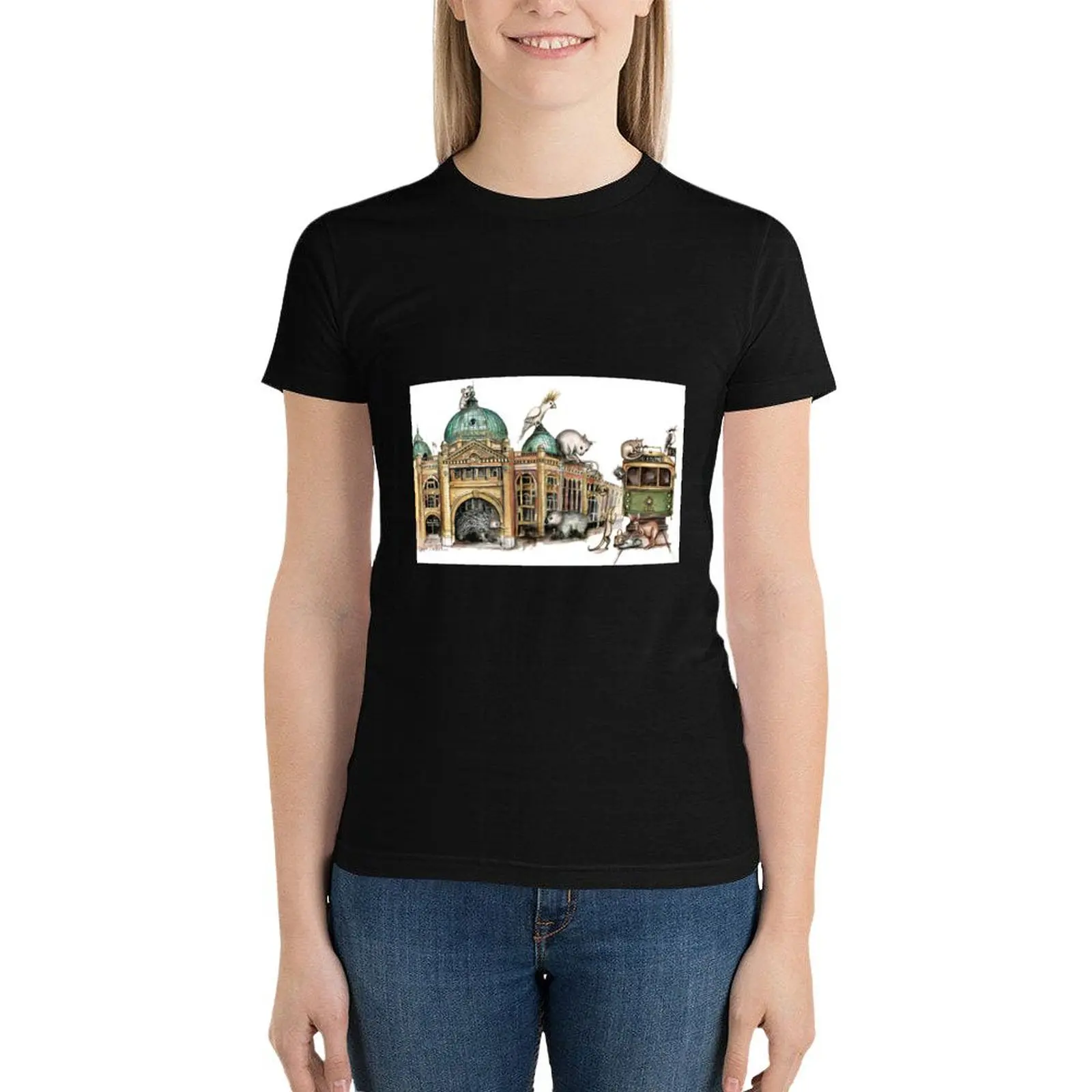 

Melbourne tram and Flinders street T-Shirt funnys anime cute t-shirts for Women