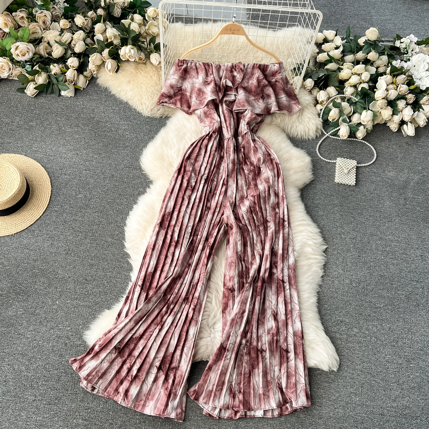 Women Jumpsuit 2024 Rompers Summer Casual Dye Off Shoulder Ruffles Lace-up Sashes Wide Leg Holidays Loose Jumpsuits