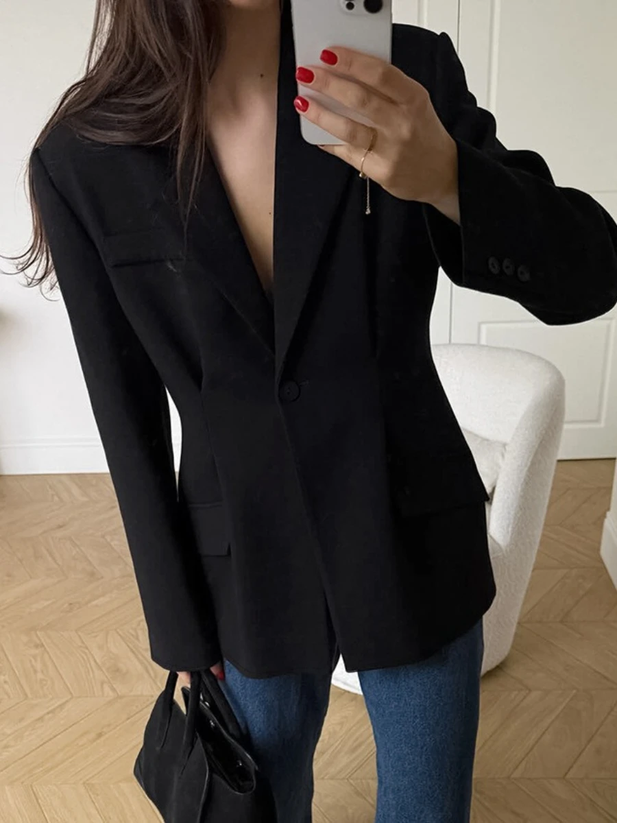 2025 mode noir bureau bases mince manteaux pour femmes revers à manches longues épissé bouton tempérament veste femme automne vêtements