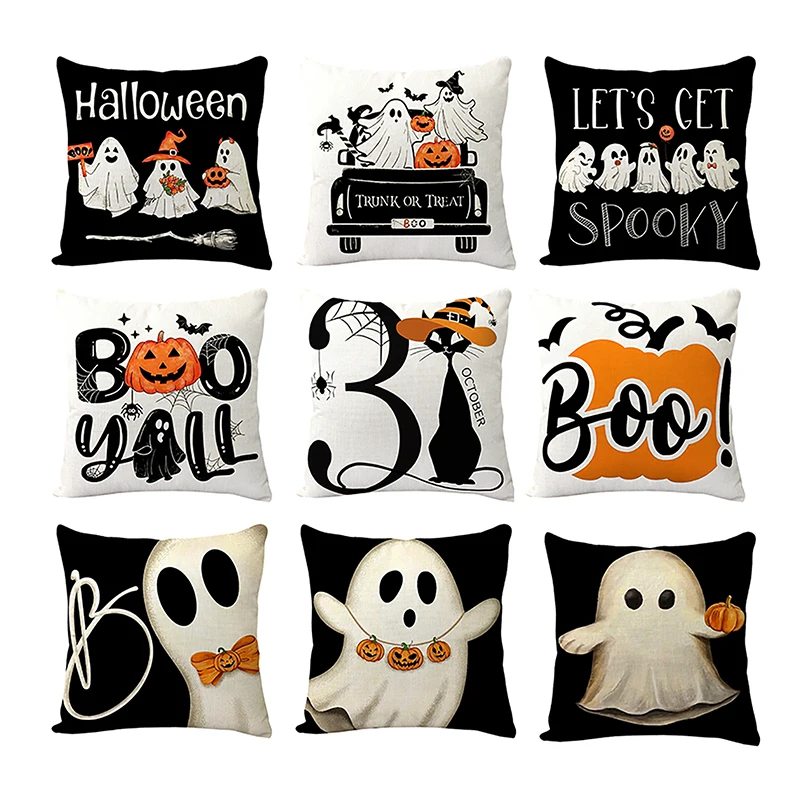 45*45cm Halloween Decoration Pillow Cover, Trick Or Treat Cushion Cover, Ghost, Pumpkin Head, Bat Decor Sofa Cushion Cover Decor