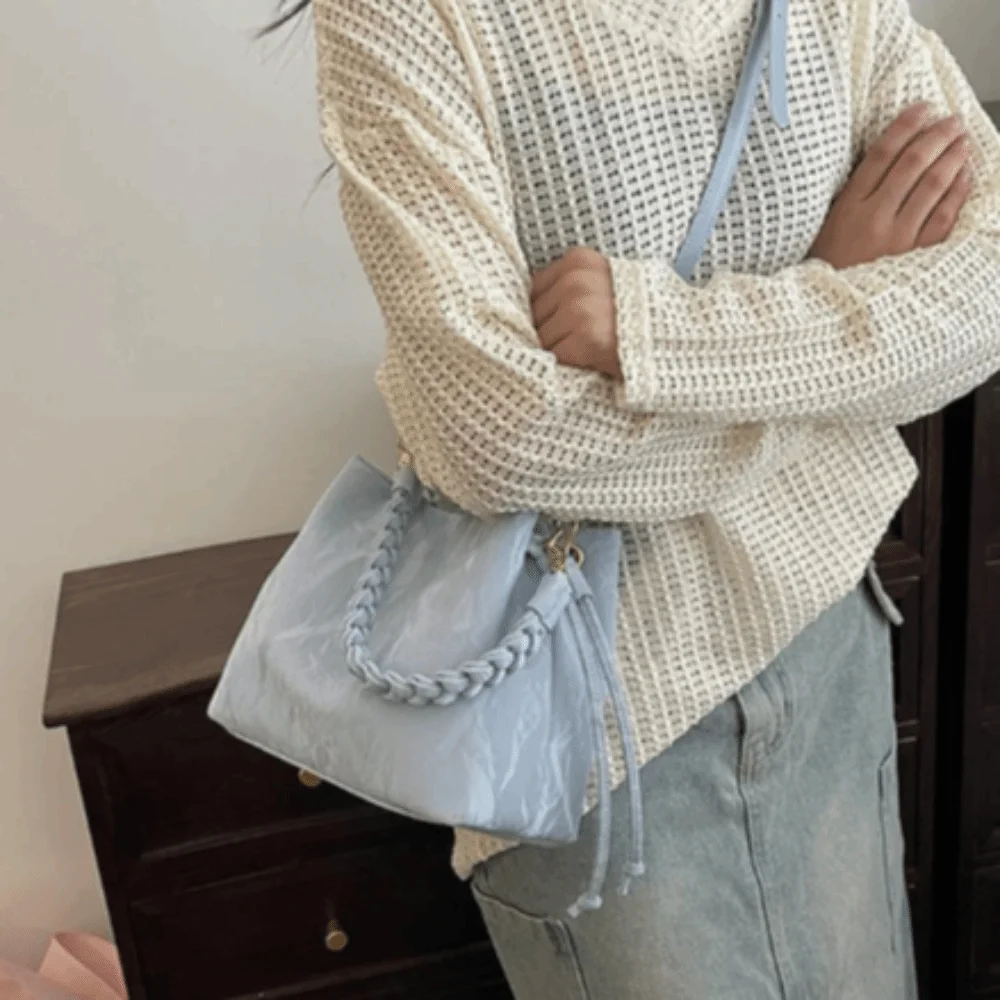 PU Drawstring Bucket Bag Woven Top Handle Textured Fabric Crossbody Bag Adjustable Removable Strap Handbag Commuting