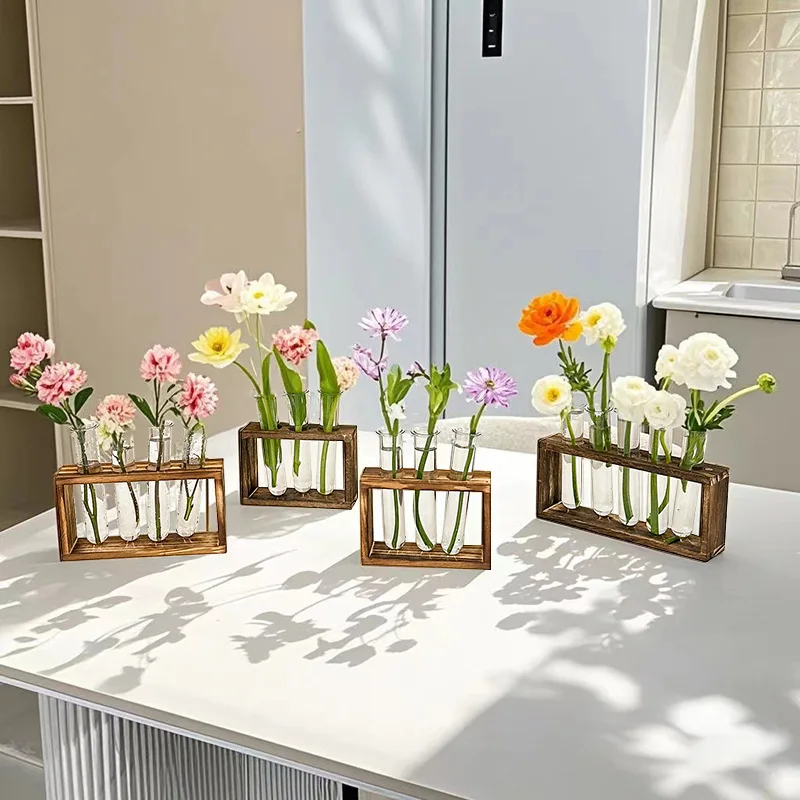 

Plant Test Tube Hydroponic Vase Water-grown Flower Arrangement Plant Container Simple Wooden Frame Decors Creative Glass Vases