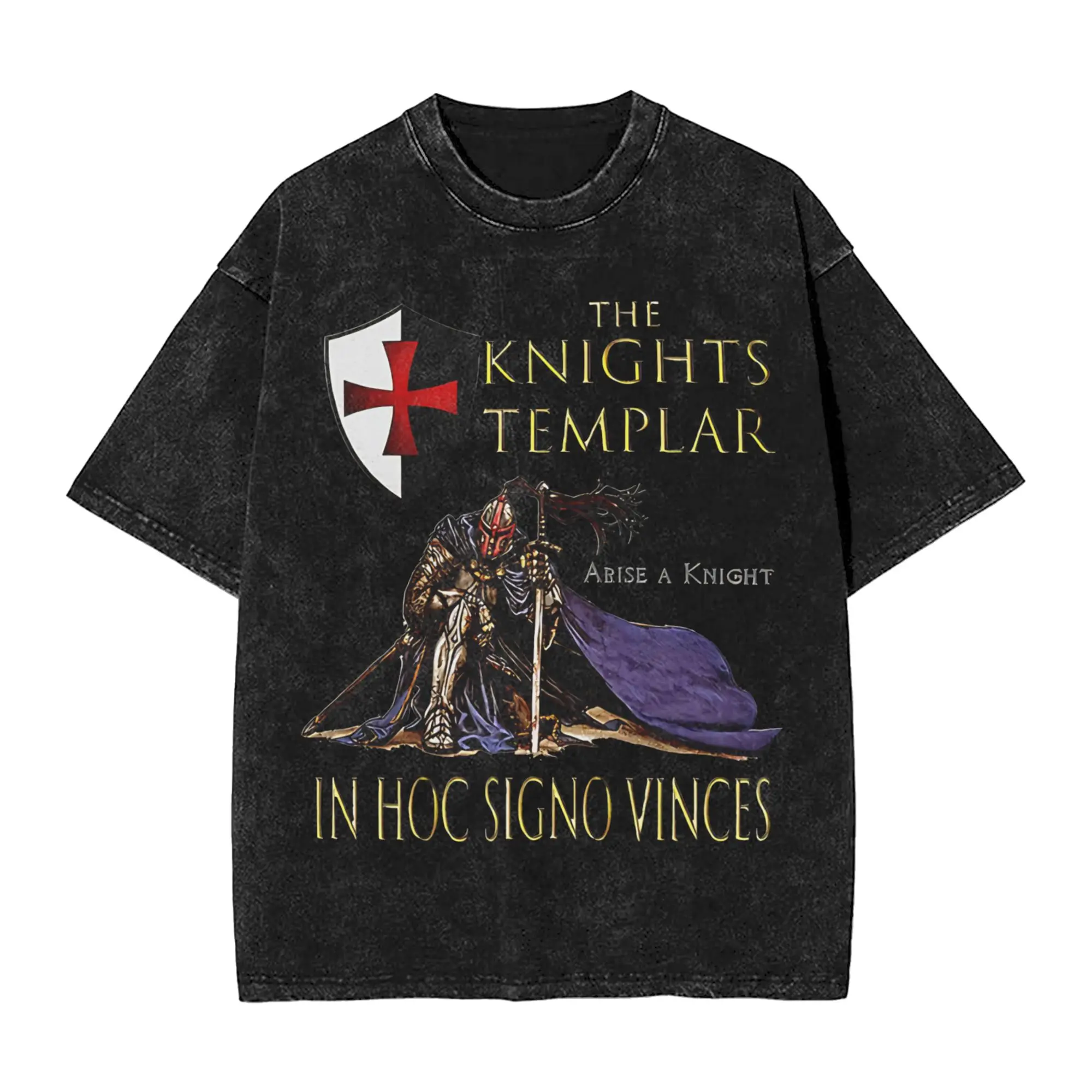 Deus Vult - The Templar Knight Washed T Shirt Streetwear Hip Hop Vintage T-Shirts  Tees Men Women Short Sleeve Streetwear