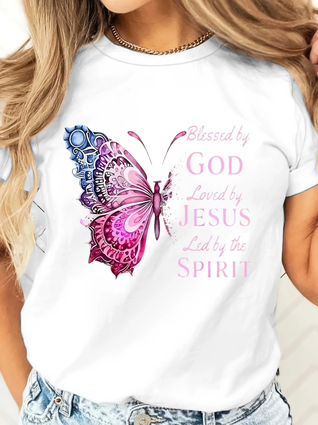 Blessed By God Loved By Jesus Butterfly Print, T-Shirt, Christian Faith Religious Gift, Church Worship Daily Wear