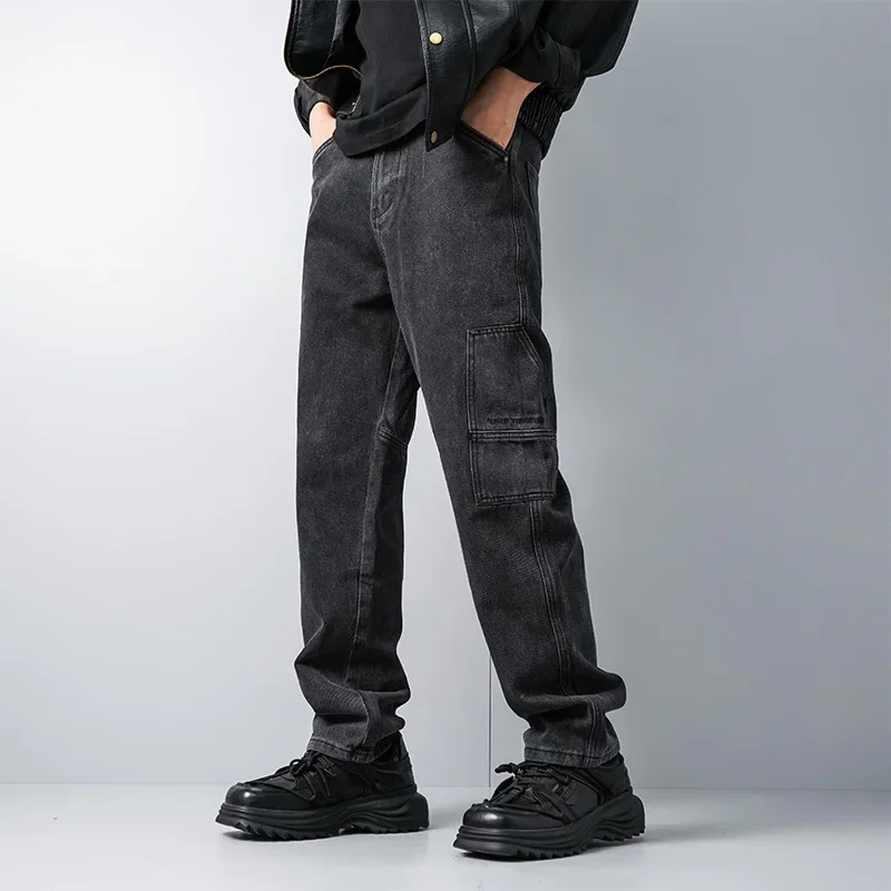 

Pop Seasons New Fashion Men's American Washed Vintage Loose Jeans Pants Casual Trendy Wide Leg Denim Cargo Trousers Male Pants