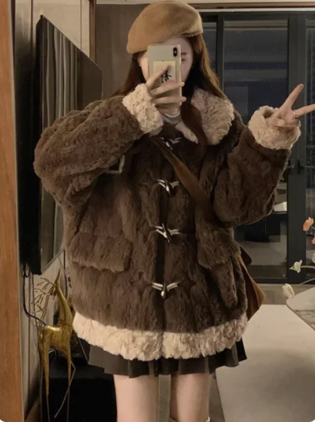 Plus Size Dames Herfst Winter Kunstmatig Lam Leeftijdverlagende Bruine Jas Mode Verdikte Lange Mouwen Vrije Tijd Geribbelde Jassen