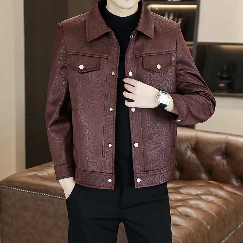 

2024 Men's Short Trench Coat Fashion All-in-one Four-button Coat Lapel Men's Thick Embossing Trend Handsome Jacket