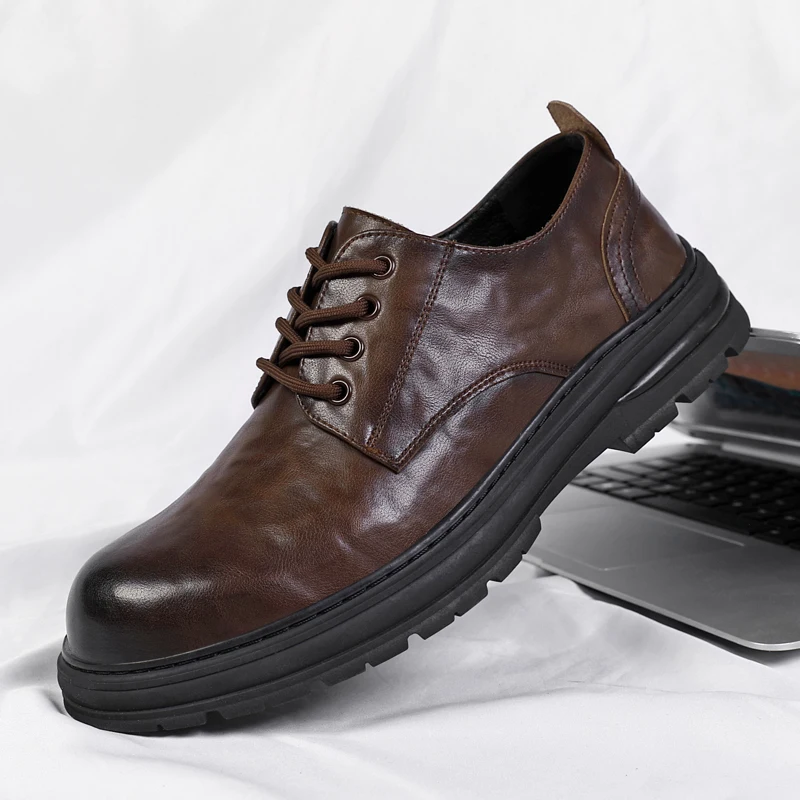

Осенние хиты продаж, мужские кожаные удобные деловые повседневные кожаные туфли на шнуровке, модные брендовые дышащие туфли дерби с круглым носком