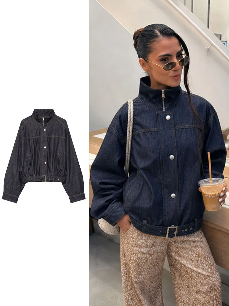 HH Women Spring Autumn Dark Denim Jacket High Collar Half Zip Waist Belt Long Sleeve Cropped For Holiday Vacation Outdoor Wear