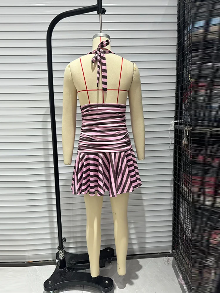 Damen-Minikleid mit tiefem V-Ausschnitt, rückenfrei, Neckholder, gestreift, charmantes, ärmelloses, plissiertes, schmales Partykleid mit Schnürung, neue Roben – Detail 5