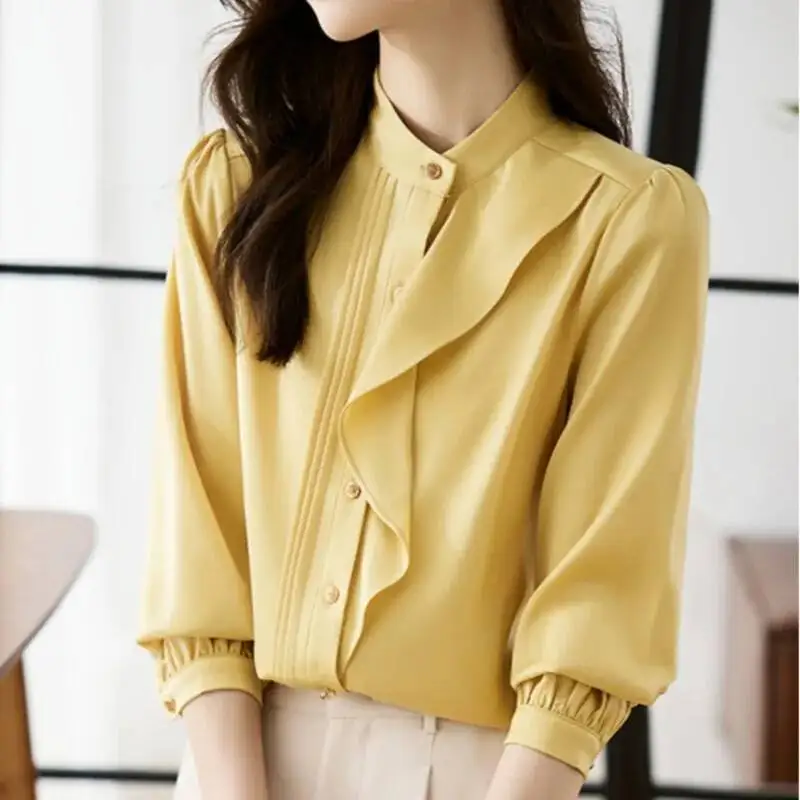 # 3125 Gelbe Büro-Hemden mit Stehkragen, Geteiltem Design und Rüschen, Chiffon-Bluse für Damen, Langarm, Elegantes Einreihiges Hemd für Frauen