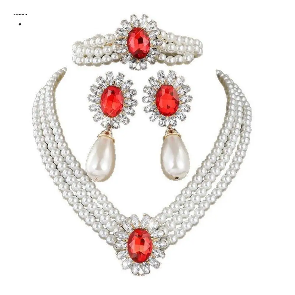

Flower Pearl Necklace Earring Set Shining Light Luxury Multilayer Jewelry Set Inlaid Rhinestone Exquisite Clavicle Chain Party