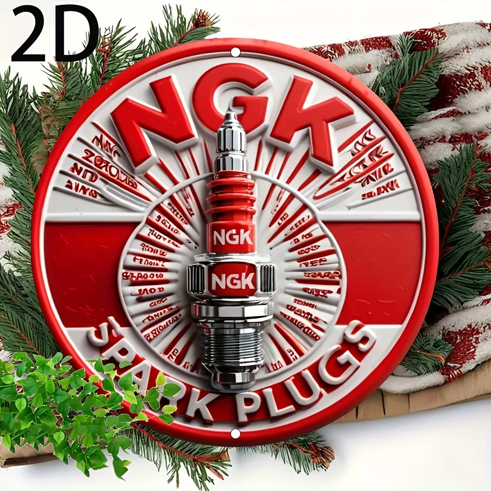 Vintage 2D Flaches Rundes Blechschild - "NGK Zündkerzen" Retro Autoteile Wanddekoration für Garage Männerhöhle Auto-Mechaniker Enthusiasten Geschenk