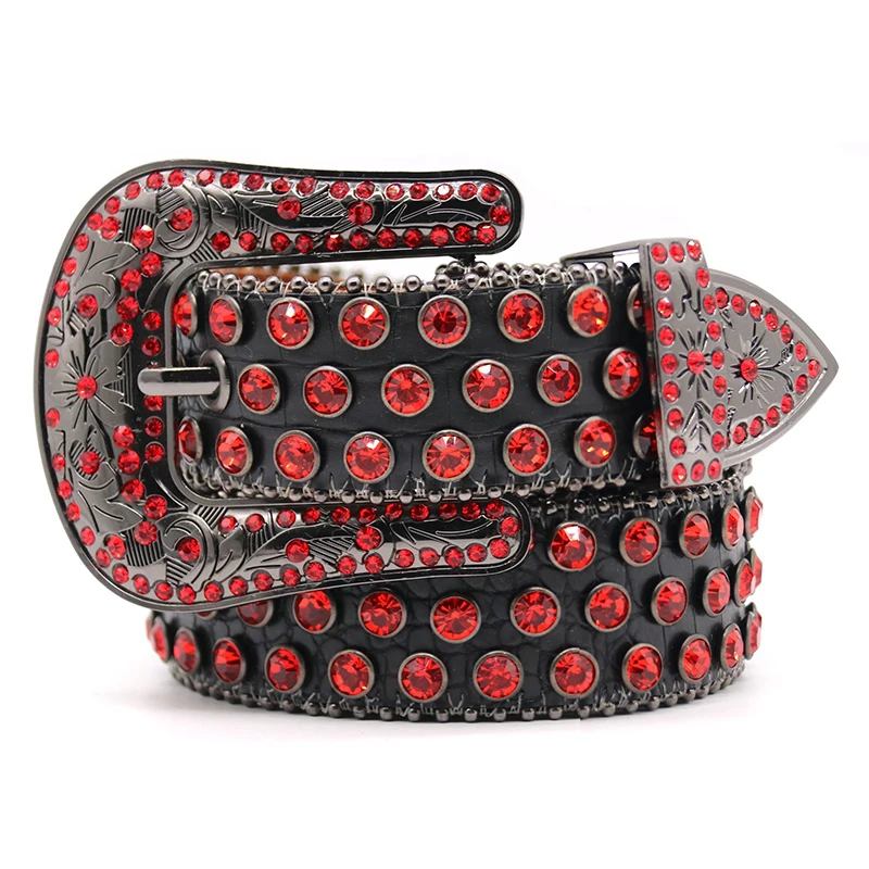 男性の高級ファッションパンクゴシックダイヤモンドスタッズベルト赤いラインストーンベルトデザイナーソフトレザーウエストバンドレディーススタイリッシュなストラップオン