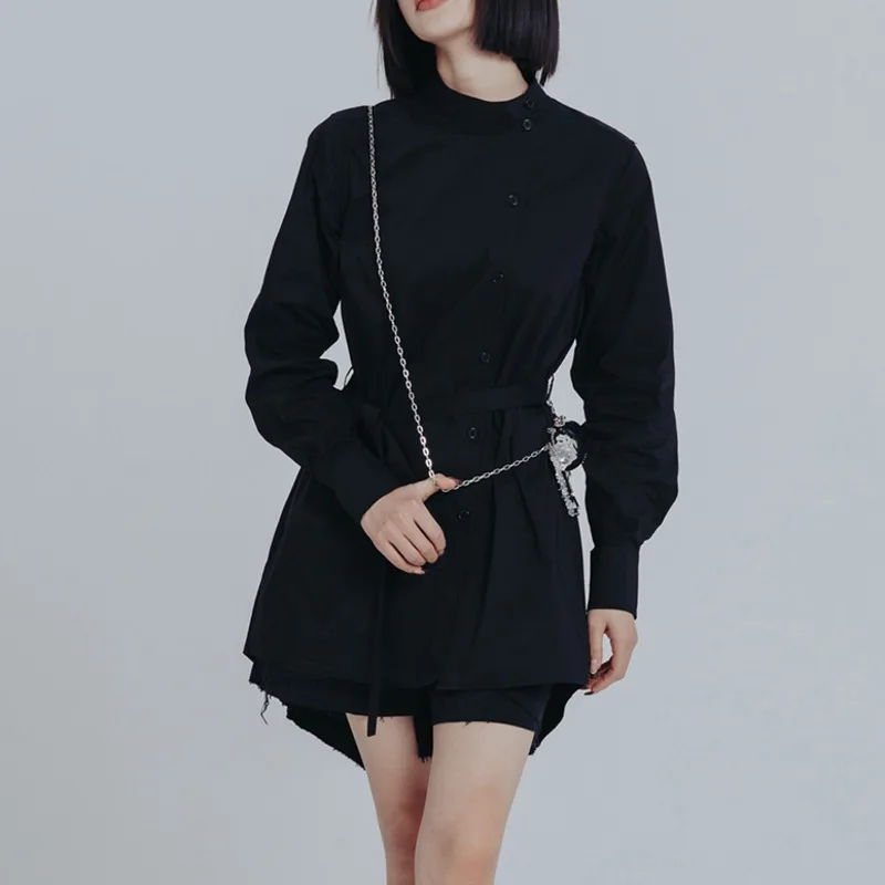 KWTX 에지 스트릿웨어 블랙 셔츠 탑 경량 스탠드 칼라 타이 벨트 사이드 스냅 캐주얼 봄 여름 2025 패션 시크