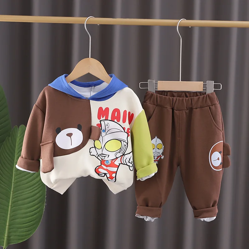 

2PCS Baby Boy Clothes Set 2024 Spring Casual Cartoon Patchwork Long Sleeve Hooded Hoodies and Pants Childrens Suit Kids Outfits