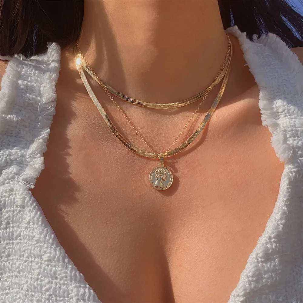 Fashion Gold-plate Flat Snake Chain Human Head Coin Pendant Necklace For Women Vintage Boho Choker Multilevel Jewelry Gift