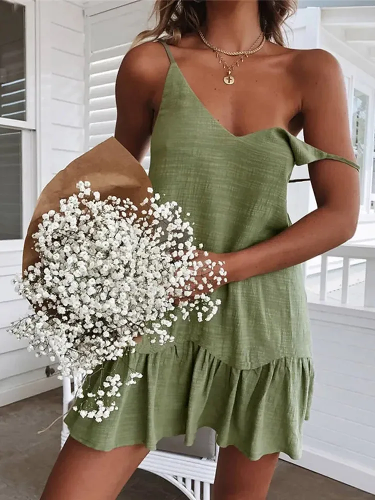 Dress Women Sexy Spaghetti Strap Ruffle Summer Dress Cotton Linen Vestidos Green Dresses Off Shoulder Sexy Mini Sundress DLC8