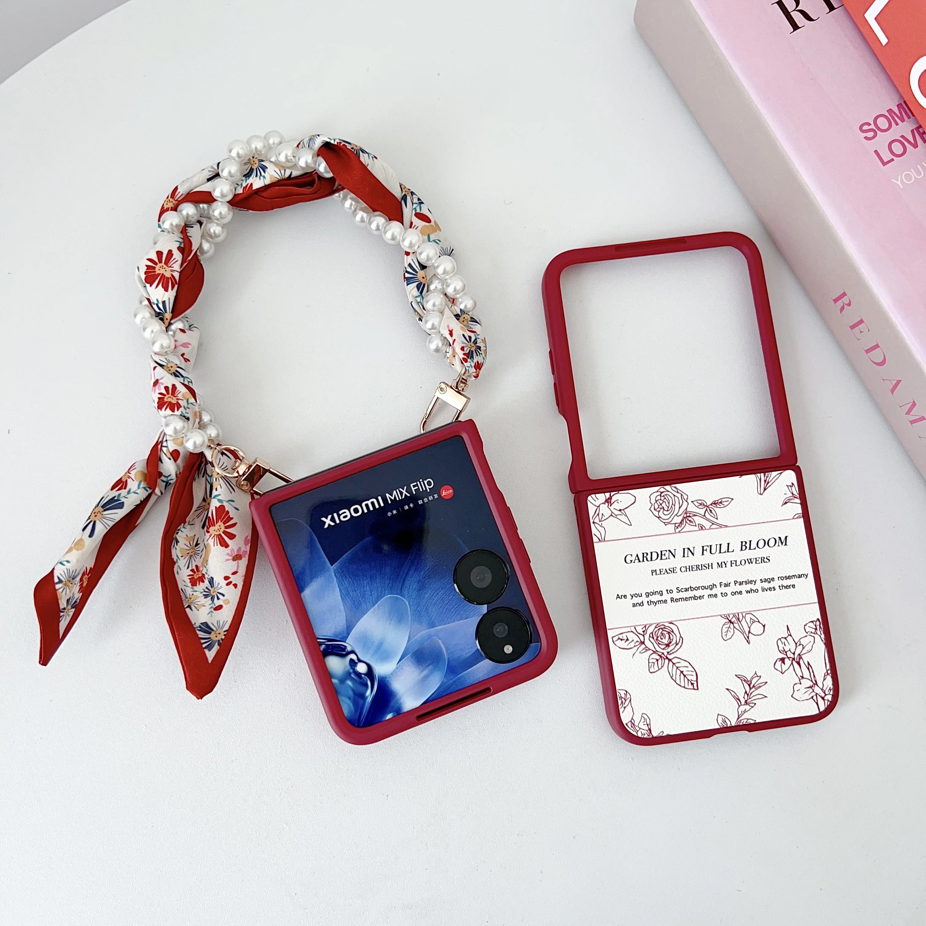 

Sketching Flowers with Bracelet Wristband Chain PU Leather Hard PC Shockproof Phone Case For Xiaomi Mix Flip Back Cover