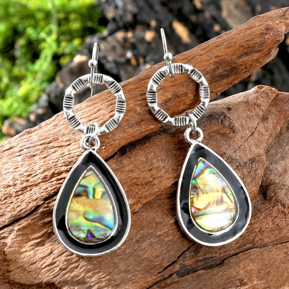Vintage Boho Abalone Shell Dangle Earring for Women Ethnic Silver Color Alloy Feather Tassel Round Earrings Fashion Jewelry Gift