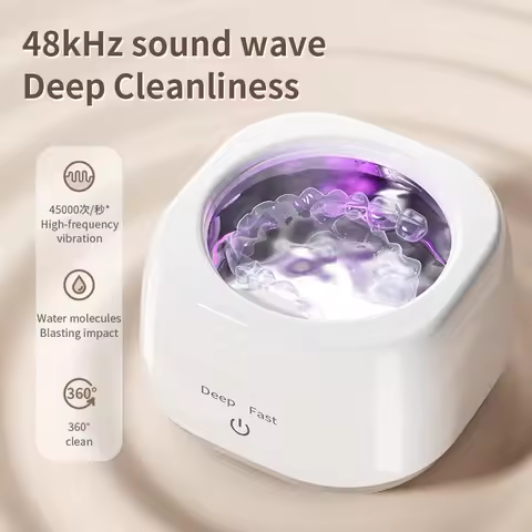 48khz Sonic Vibration 360° Deep Cleaning Machine 2-Speed Mode Portable Braces Denture Ultrasonic Cleaner 250ml Stainless Tank