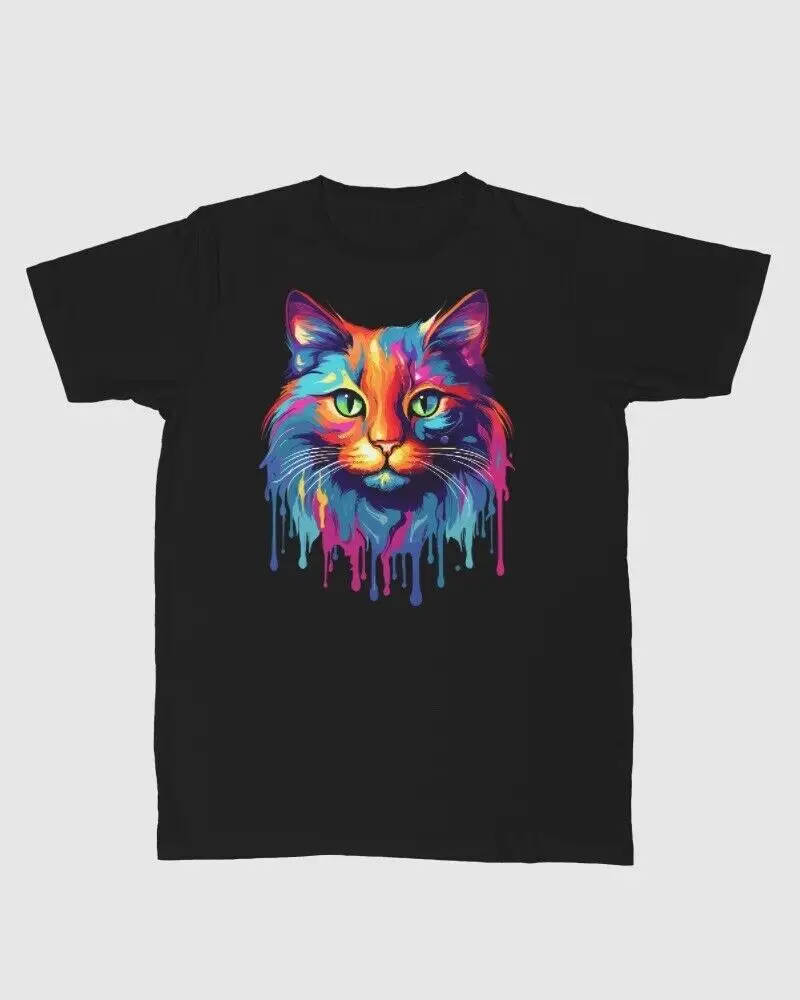 

Unisex Splash Color Ink Colorful Cat Short Sleeve Black T-shirt