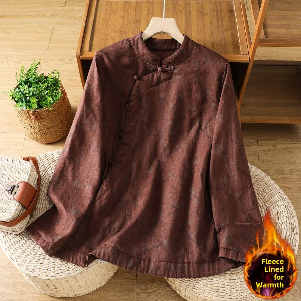 Thickened Fleece Short Printed Stand Collar Women's Jacket Chinese Style Slim Fit Long Sleeve Casual Autumn Coat