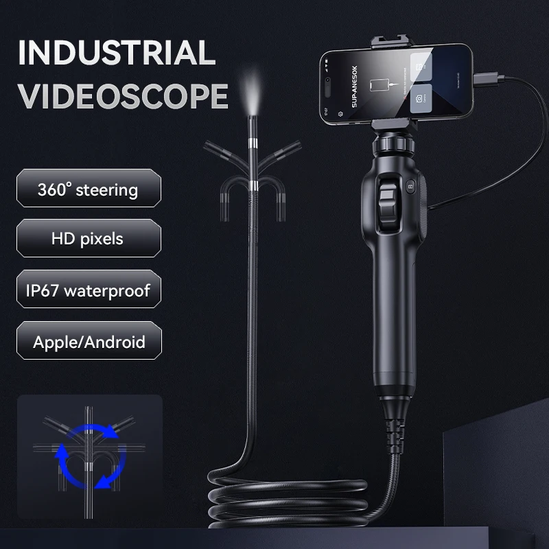 Cámara endoscópica articulada rotativa bidireccional tipo C, endoscopio Industrial de inspección de automóviles, HD 360 P, 8 LED, para IOS y