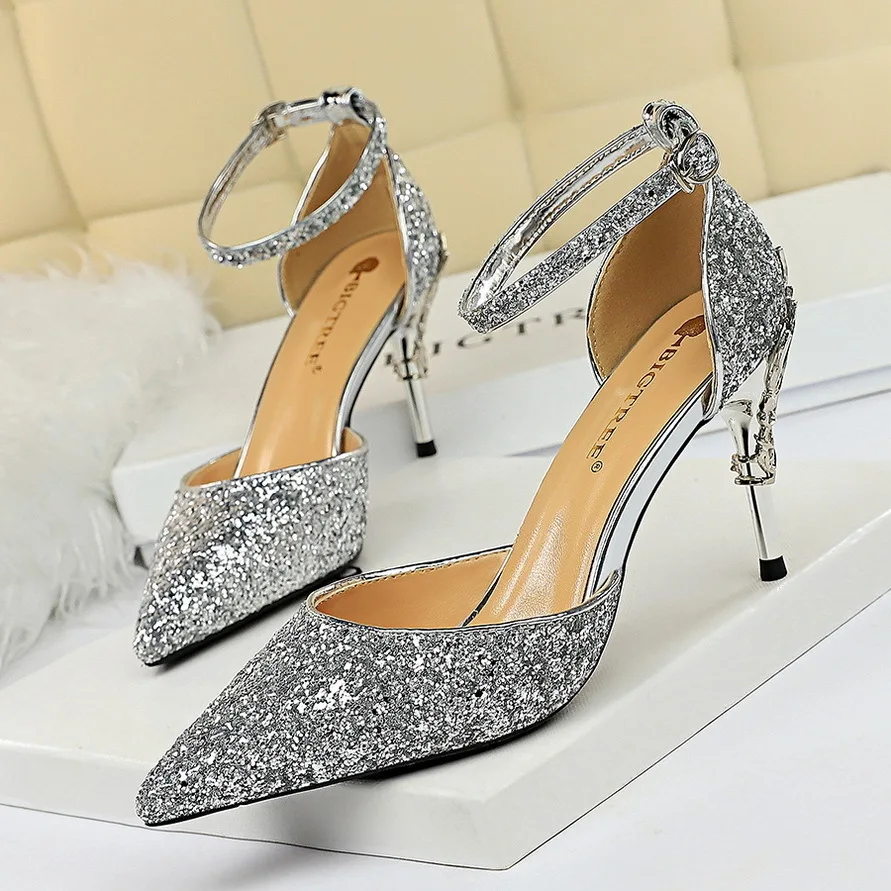 

Ladies Shoes Sexy Hollow Women's Metal Decorated High Heels Shallow Mouth Pointed Sequins Straight Sandals Pumps туфли женские