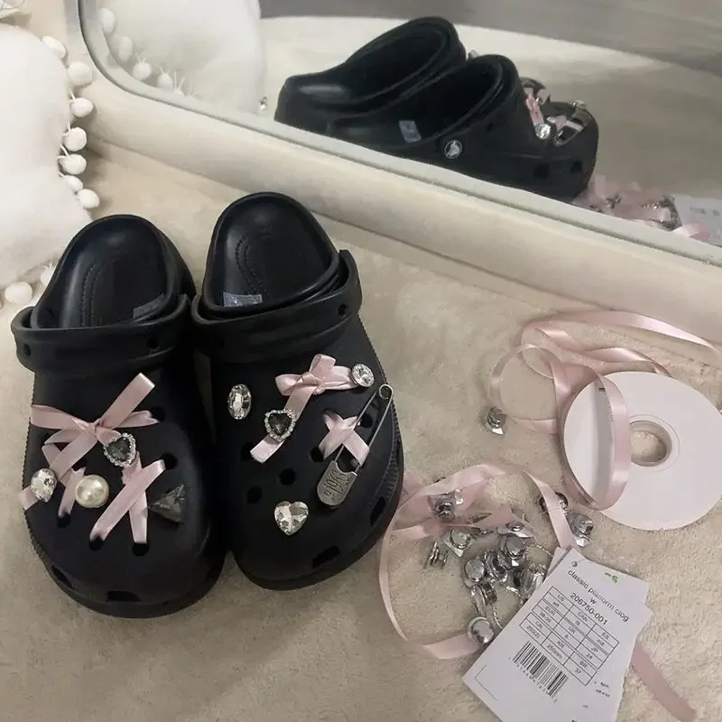 

Hot Pink Ribbon Rhinestone Series Charms for Crocs Beautiful Decoration Ins Popular Adornment for Clogs Sandals Christmas Gift