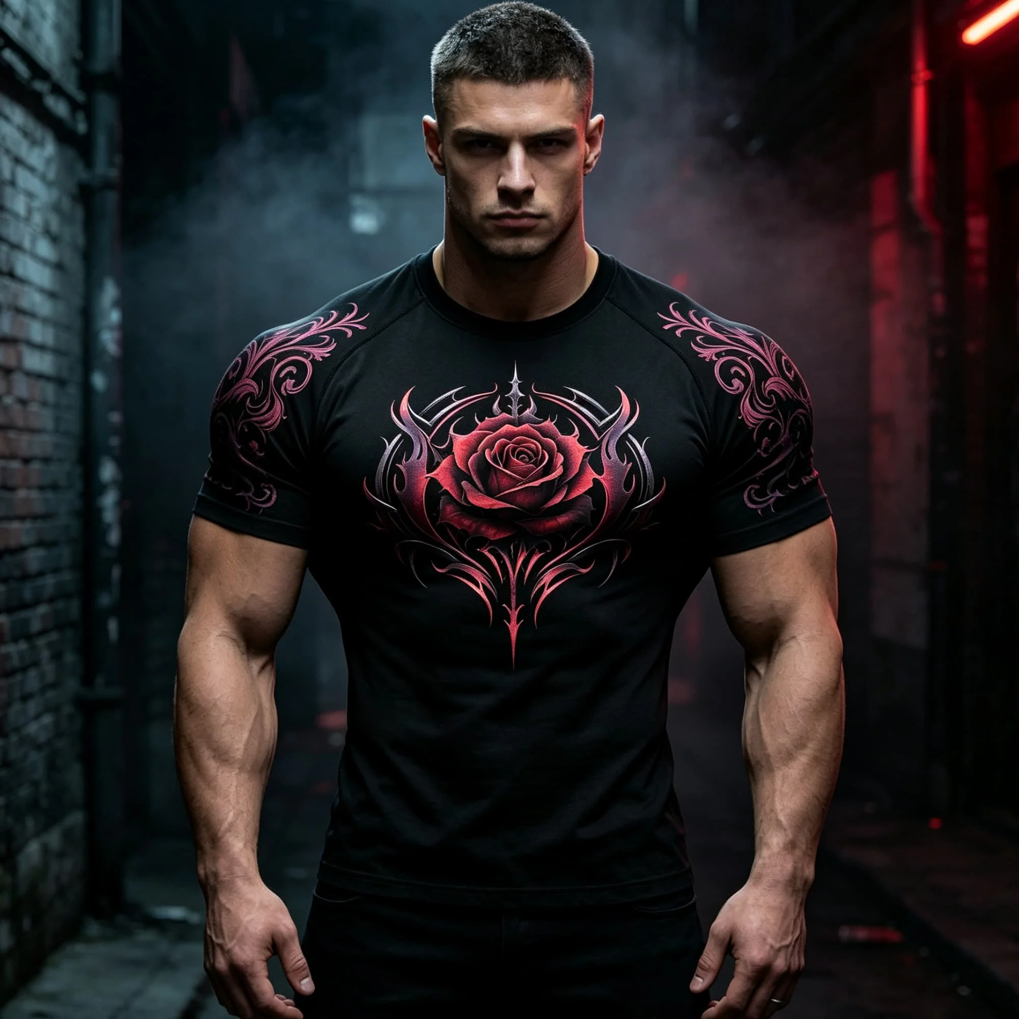 Black Base Men Short Sleeve Crew Neck Shirt Fiery Red Rose Thorn Tattoo‑like Shoulder Pattern Punk Rock Male Shirts