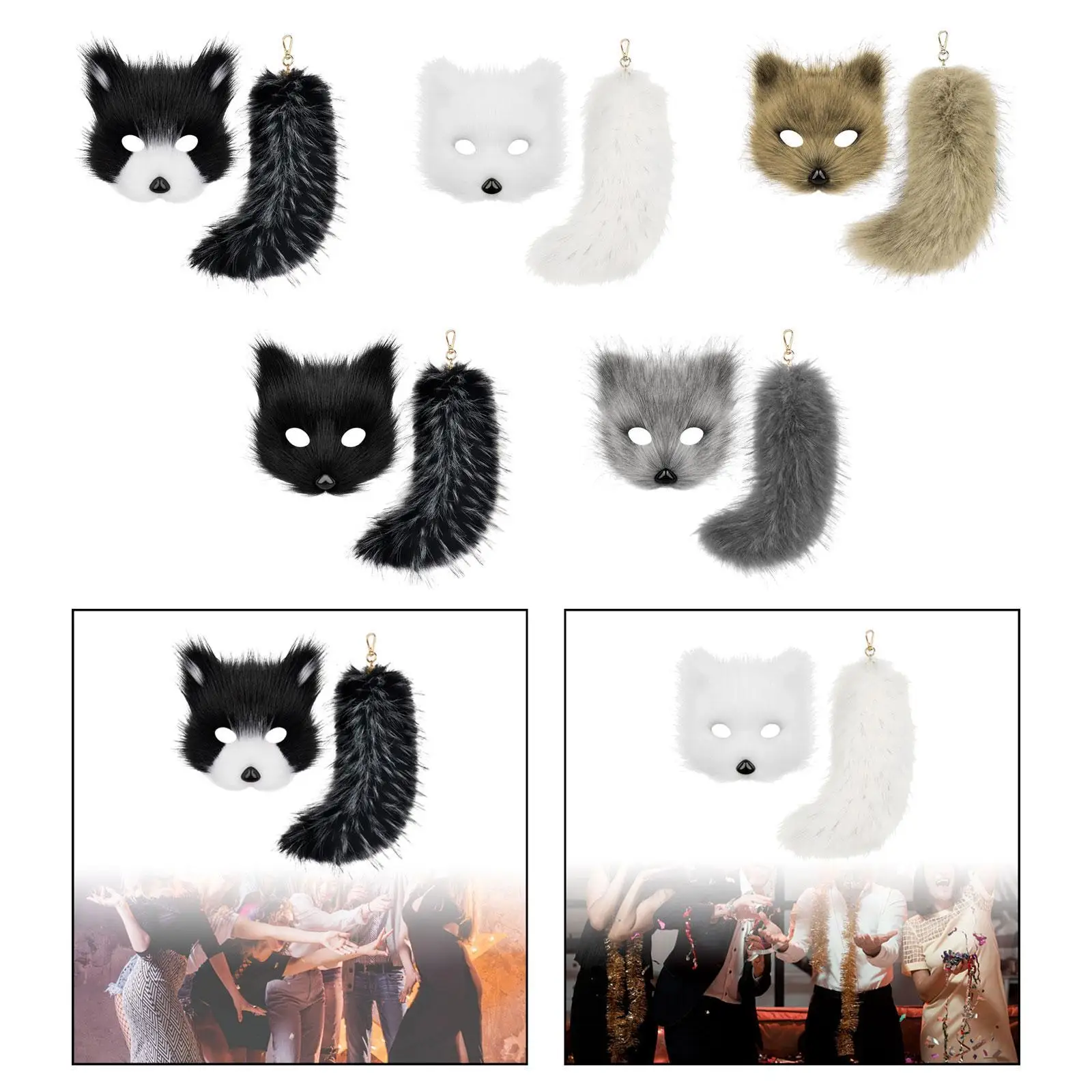 Conjunto de máscara e cauda therian, máscara de gato, dramatização, festa, chaveiro de cauda peluda para mulheres, cauda longa de 10 ", fantasia de halloween, máscara de animal