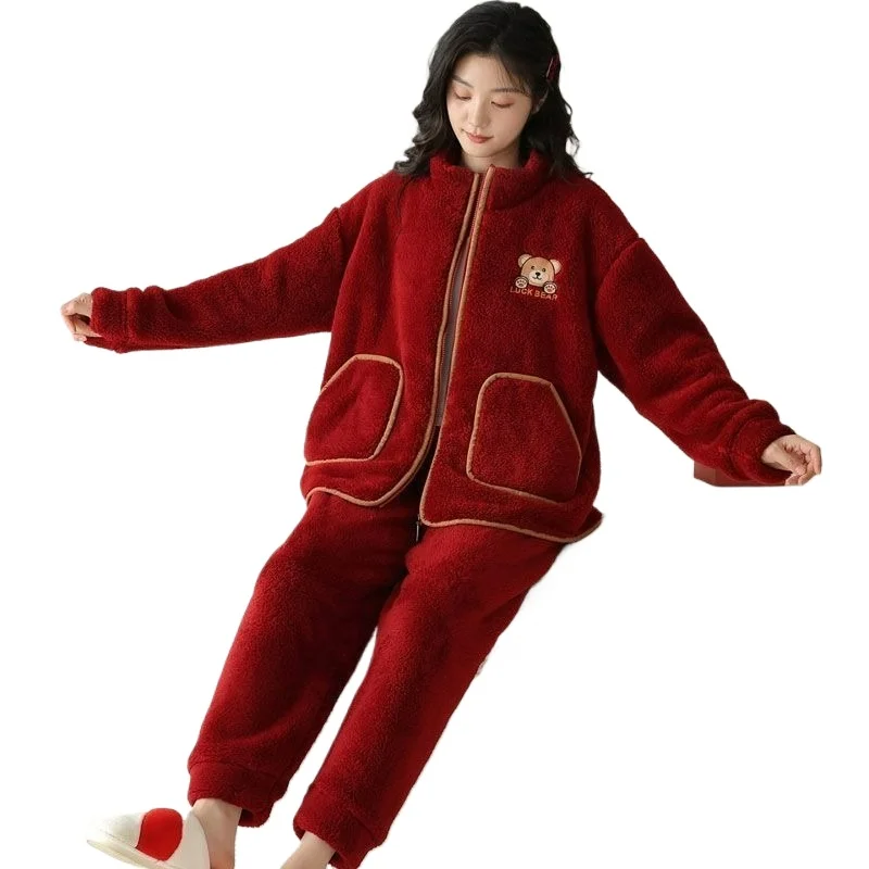 Pigiama in pile corallo per donna autunno e inverno addensato con set in pile per la casa con cerniera può essere indossato all'esterno