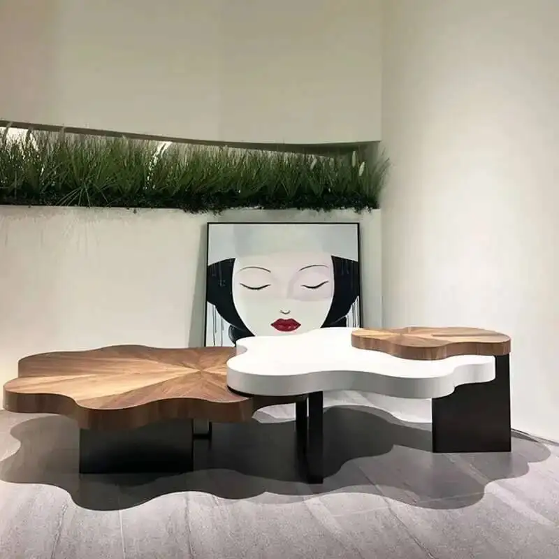 

Center Home Contemporary Furniture Petal Tables Shape Metal Base with Modern Flower Wooden Veneer Coffee Table New