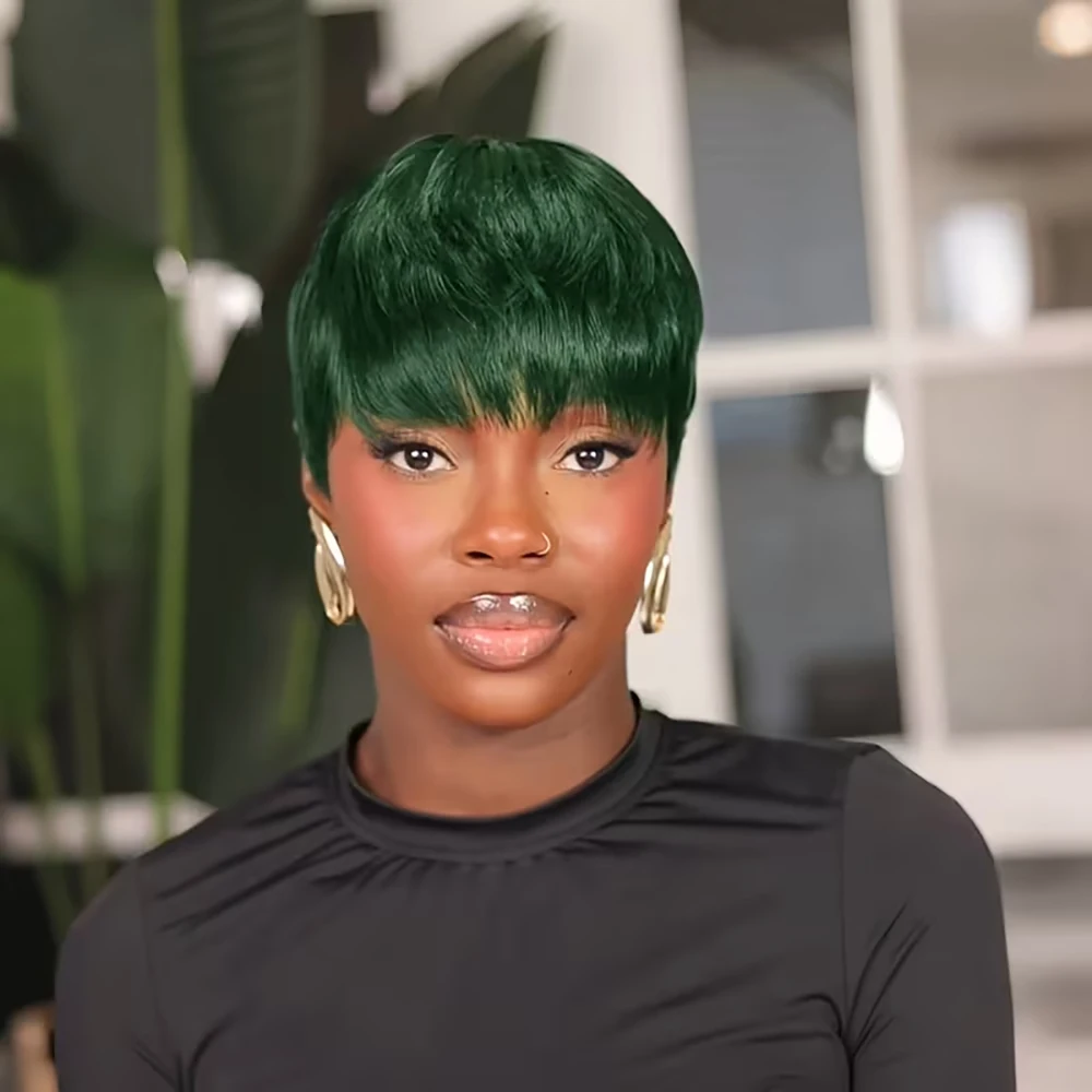 Зеленый цвет, 180% плотность, многослойный короткий парик с стрижкой пикси, прямой парик из человеческих волос с челкой, машинное производство, предварительно выщипанное для чернокожих женщин