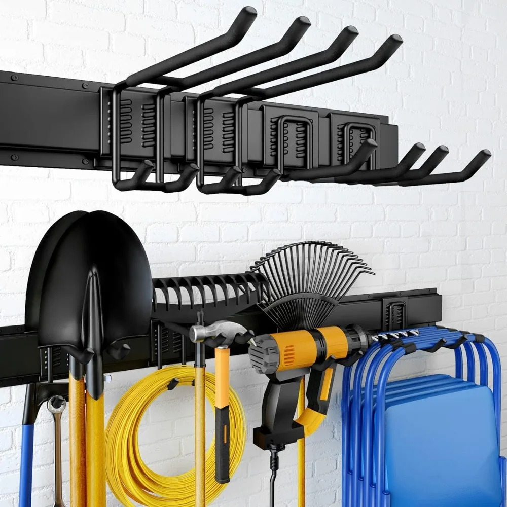 

Garage Organization, Wall Mount Garden Tool Organizer 32 Inches, Max 300lbs Adjustable Metal Hooks, Yard Shed Organizer Rack