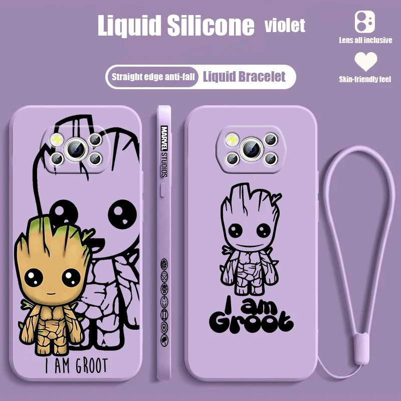 Marvel Groot Anime For POCO M6 M5S M5 M4 C55 C50 C65 X6 X5 X4 X3 F5 F4 Pro GT NFC Liquid Left Rope Phone Case