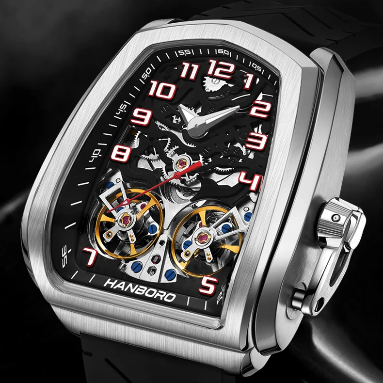هانبورو ساعة أوتوماتيكية للرجال 44 مللي متر ساعة يد ميكانيكية مضيئة 50 متر مقاومة للماء هيكل عظمي مزدوج دولاب الموازنة