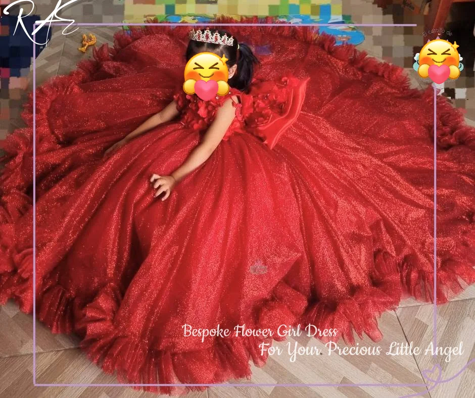3D Floral Puffy Flower Girl Dress For Wedding Birthday A-Line Floor Length Glitter Tulle Big Bow Princess Gowns Customized