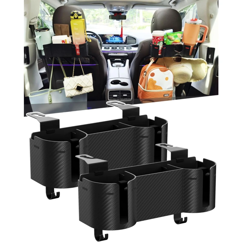 

4 in 1 Car Seat Back Organizer with Cup Holder 3.7 Inch and Headrest Hooks Multifunctional Travel Storage for Vehicles