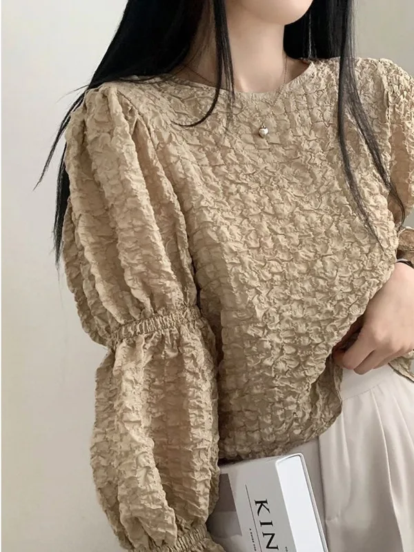 Korean Chic Spring French Style Round Neck Bubble Fold Design Loose and Casual Versatile Lantern Sleeve Shirt for Women YWUM