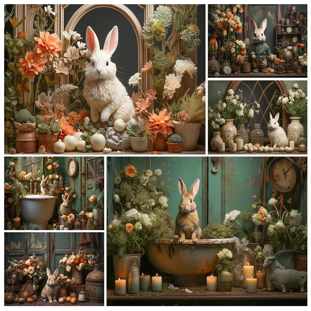 

Easter Floral Bathroom With Bunny Backdrops Kids Baby Photography Child Adult Photocall Garden Flower Retro Wall Backgrounds