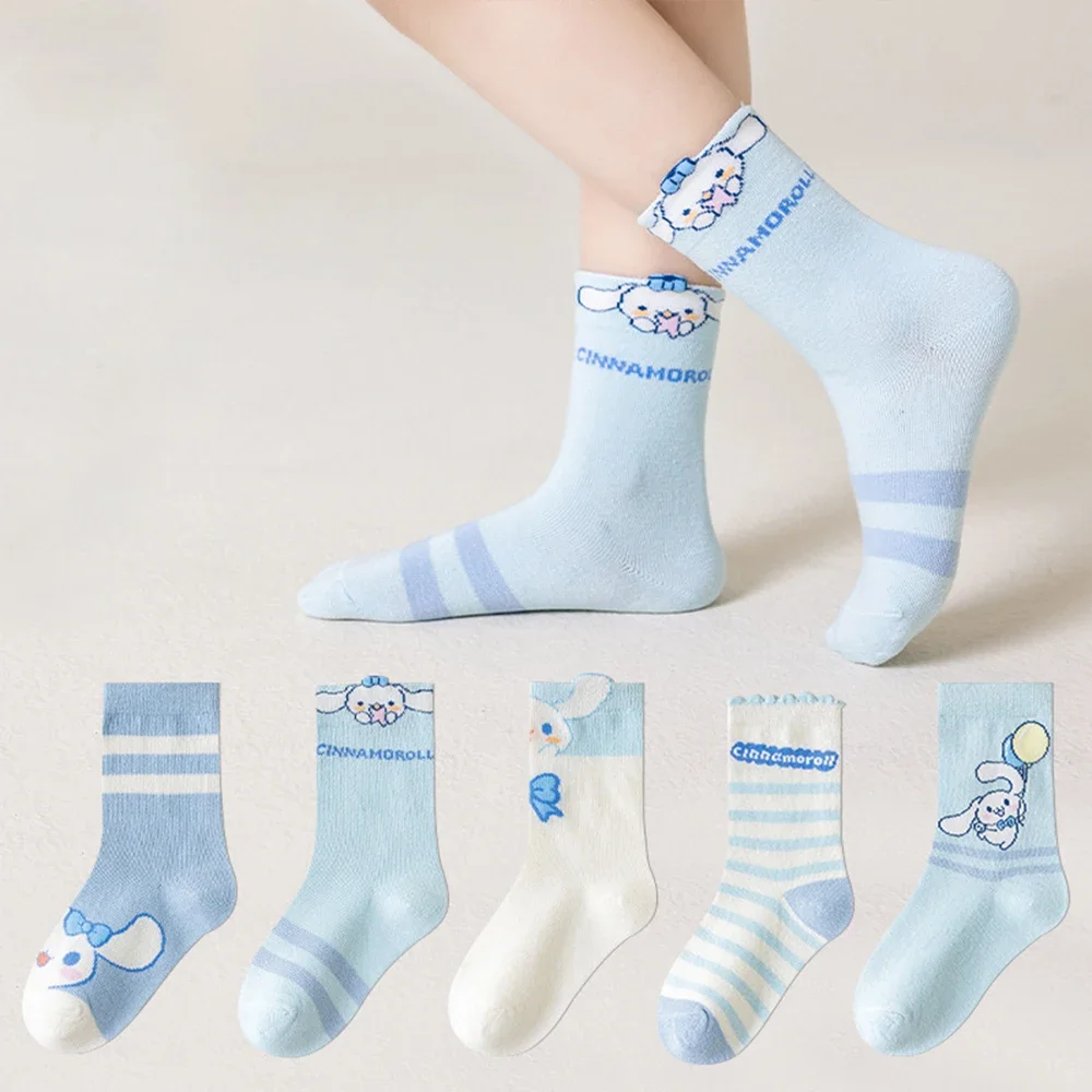 5pcs Set Kuromi Socks Cinnamoroll Girl Autumn Wintertime Kawaii Children Soft Pure Cotton Warm Cartoon Crew Sockss Gift