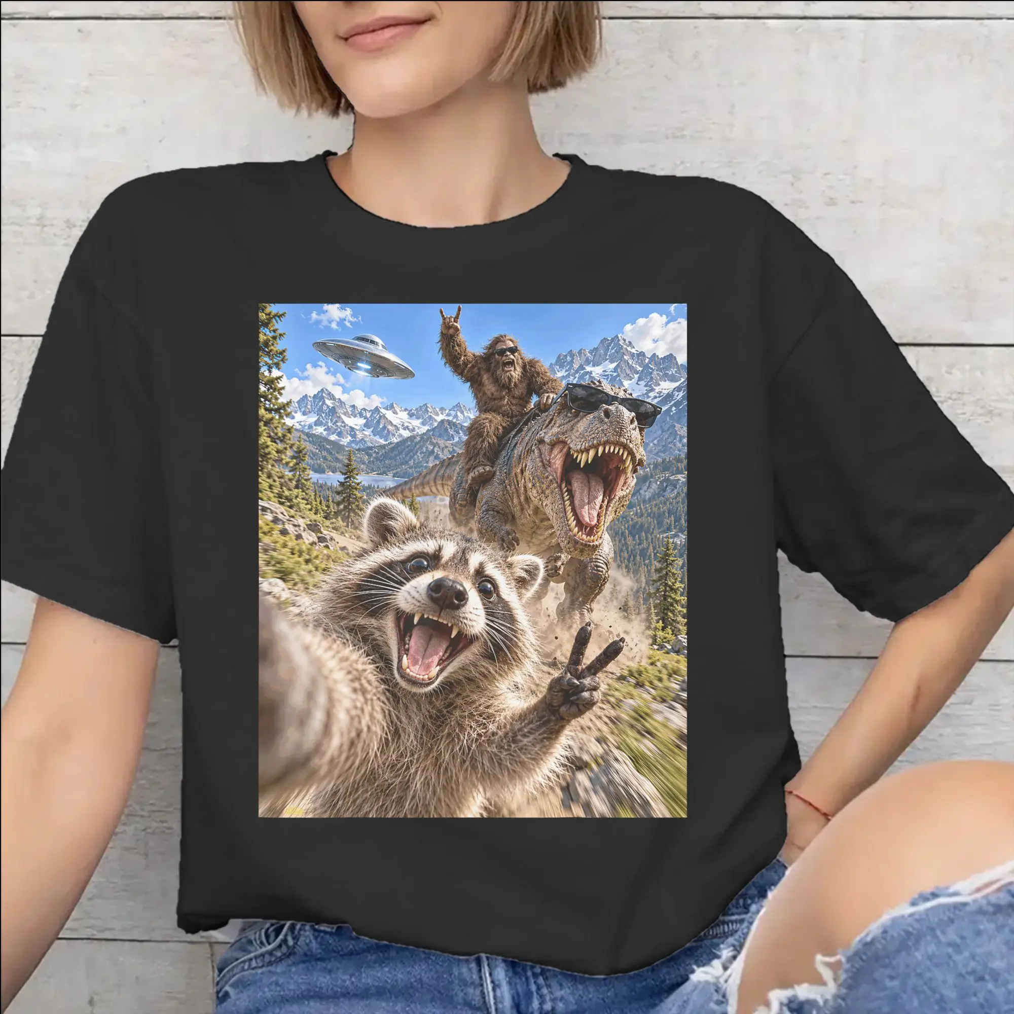 Funny Bigfoot Ride Dinosaur Raccoon Merch Men Women T Shirts Pure Cotton Tee Graphic Print  Tops T-shirt