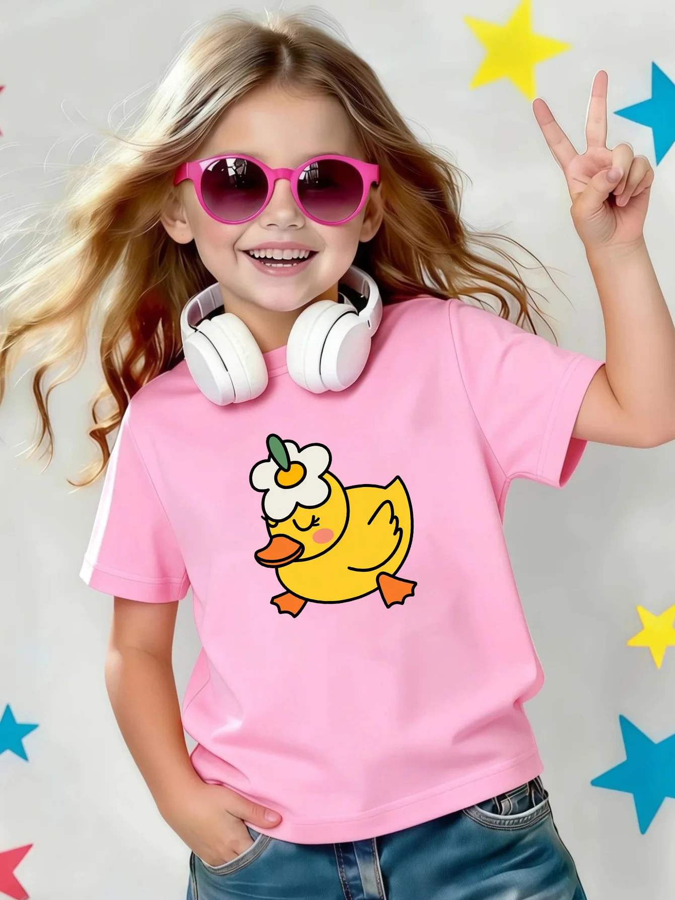 Cute Flower Yellow Duck Cartoon Animal Print Kids Tee Boys Girls Cotton Summer Soft Casual Unisex Kids Short Sleeve Shirts